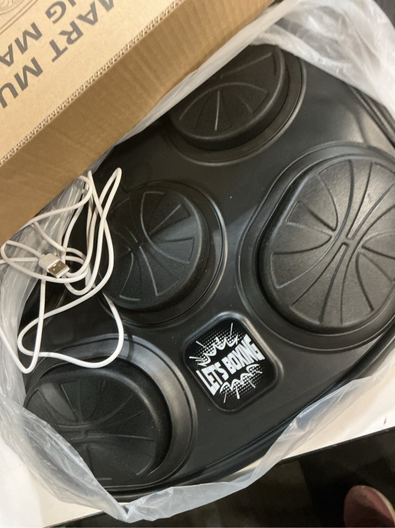 Condition photo showing As Is for smart music boxing machine with led lights & bluetooth speaker – interactive punching bag for fitness, rhythm training & stress relief – home gym equipment for adults and child with 8 hitting points light grey