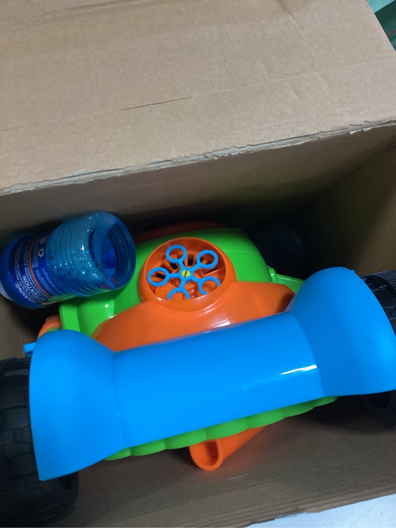 Condition photo showing Good Condition for sloosh bubble lawn mower toddler toys - spill-proof bubble machine pretend gardening play toy for age 1 2 3 1-3 year old baby boys indoor outdoor use, easter basket stuffers birthday gifts (blue)