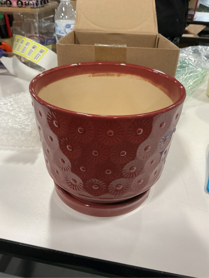 Condition photo showing New/Like New for Napco Imports Decorative Home or Garden 5 x 6 Inch Indoor or Outdoor Flower Pot Planter with Saucer Vibrant Red Embossed Prism 5.25 x 6 Inch