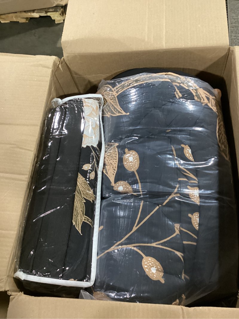 Condition photo showing Good Condition for Yogeneg 7 Piece Bed in a Bag King Size Comforter Set Botanical Floral Bedding Set,White Flower Leaves Printed on Black Reversible Design,Soft Microfiber Comforter with Sheet Set,All Season(Black,King) Black Floral King