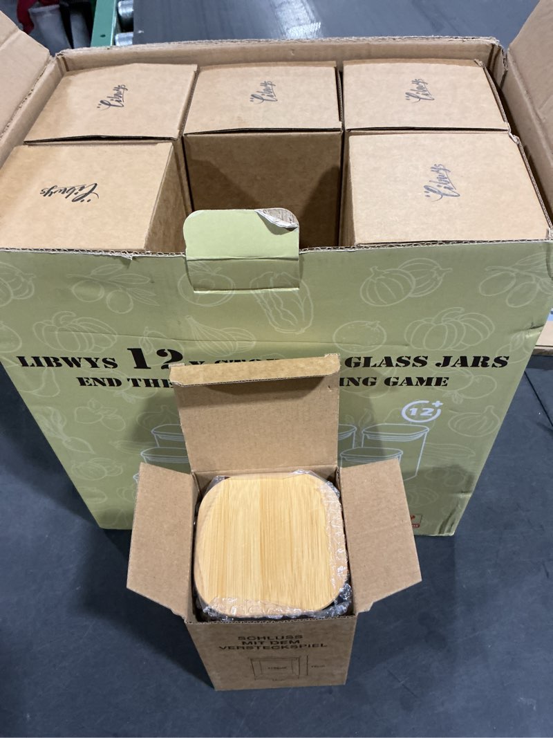 Condition photo showing Good Condition for LIBWYS 12-Pack Glass Pantry Storage Containers with Bamboo Lids (0.76Qt/1.22Qt/1.67Qt) - Stackable Square Food Jars for Pantry Organization, Coffee, Flour, Snacks, Tea | Kitchen Canisters Set 12 pcs - Plus Edition