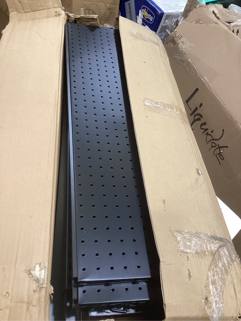 Condition photo showing As Is for new- pegboard display stand... ro om, tool room, black