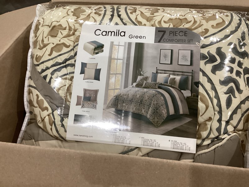 Condition photo showing Good Condition for stratford park multi-color cal king comforter set, 7 piece, microfiber print bedding sets & collections,matching pillow shams & bedskirt california king multicolor