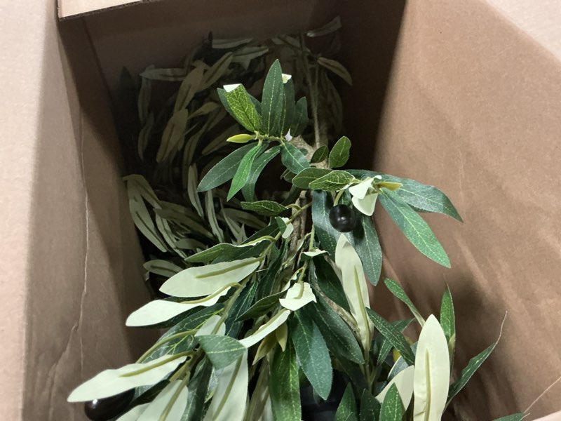 Condition photo showing As Is for small artificial olive tree faux trees indoor outdoor realistic floor plant fake plants for house modern home living room master bedroom office front porch decor outside patio para decoracion 4ft