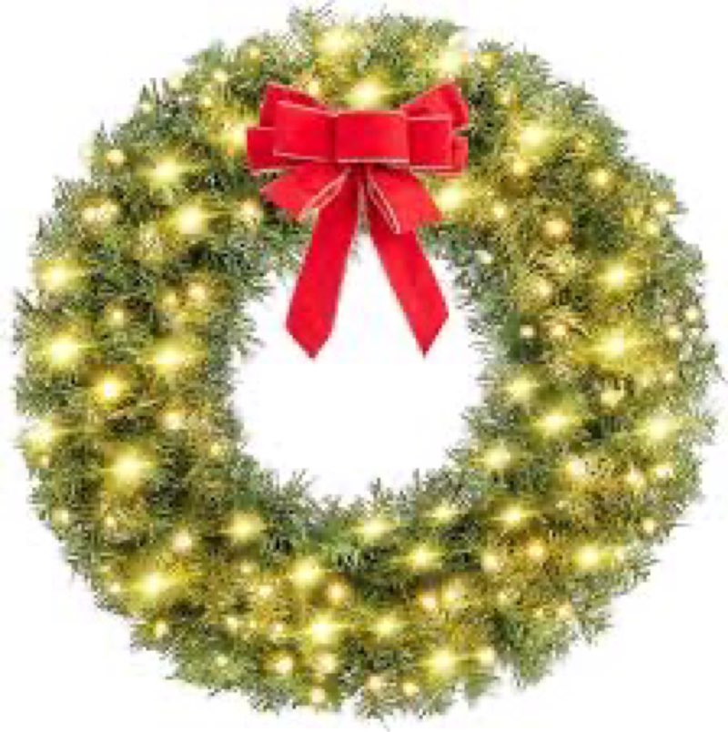 Yaheetech 30in Large Artificial Christmas Wreath, Pre-lit Holiday Accent Decoration with Red Bow, 11