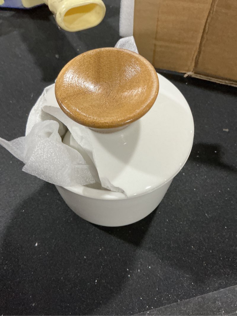 Condition photo showing As Is for DOWAN Butter Crock for Counter, French Butter Keeper Crock with Water, Ceramic Airtight Butter Dish with Wood Knob Lid for Soft Butter, Soft White