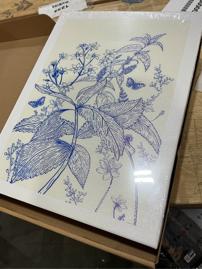 Condition photo showing New/Like New for lyphnx framed blue white chinoiserie floral canvas wall art navy watercolor flower painting posters set of 3 minimalist botanical wildflower prints picture home decor for bedroom living room 12"x16" 12"x16" canvas blue