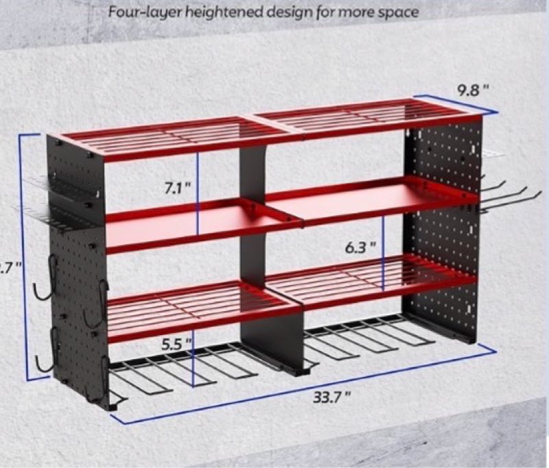  Large Power Tool Organizer Wall Mount, 4 Layer Storage Rack with 8 Drill Holders, Heavy Duty Cordless Tool Storage Utility Racks Supports 180 lbs, Tool Battery Shelf for Garage Shop and Workbench