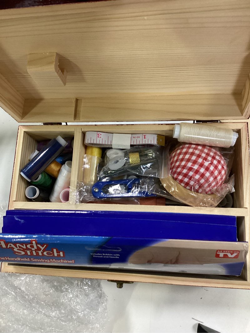 Condition photo showing Good Condition for handheld sewing machine, with elegant wooden sewing box and 153-piece sewing kit, mini portable cordless hand held sewing machine, perfect for adults, beginners, and quick home repairs