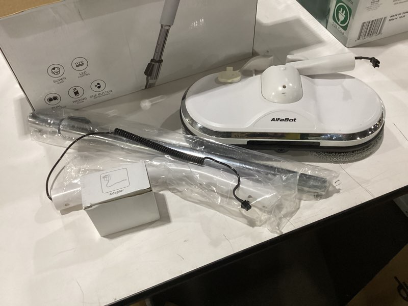 Condition photo showing As Is for used not tested electric mop, alfabot ws-24 cordless spin mop for floor cleaning, lightweight & rechargeable floor cleaner with water sprayer and led headlight for hardwood and tile floors, white