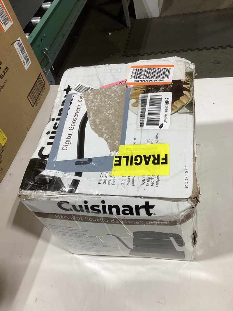 Condition photo showing As Is for cuisinart gk-1 digital goose neck kettle, precision gooseneck spout designed for precise pour control that holds 1-liter, 1200-watt allows for quick heat up, stainless steel,black black goose neck