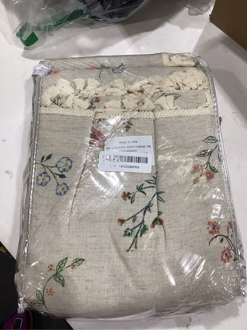 Condition photo showing Good Condition for Boho Floral 100% Blackout Curtains 63 Inch Length 2 Panels Set, Linen Texture Farmhouse Curtains Beige Tassel for Living Room Bedroom Vintage Rustic Patterned Printed Western Rod Pocket Vintage Florals 52"W x 63"L (Pack of 2)