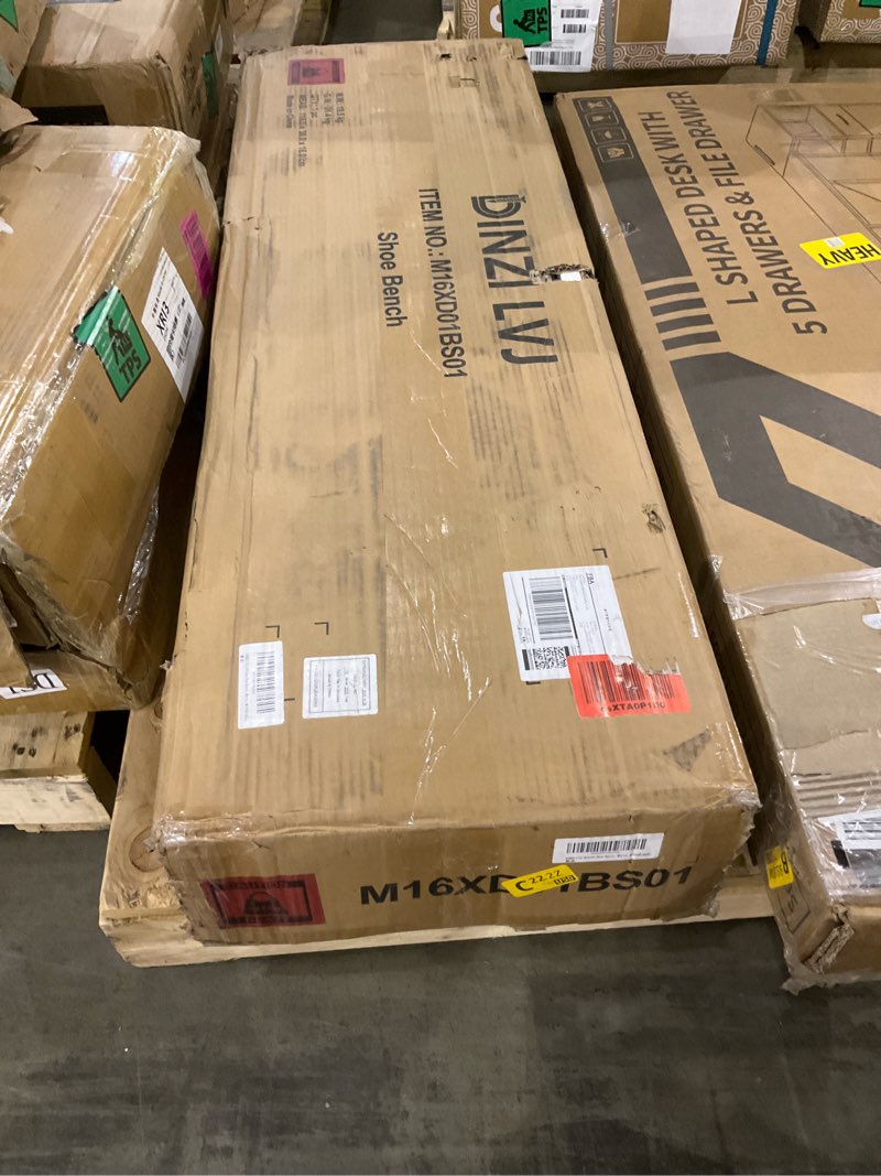 Condition photo showing As Is for DINZI LVJ Shoe Storage Bench with Cushion, 16-Cubby Shoe Rack, Adjustable Shelves, Multifunctional Shoe Organizer Bench for Entryway, Mudroom, Hallway, Living Room, Bedroom and Garage, White 16 Cubby White