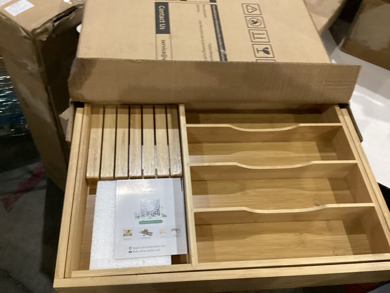 Condition photo showing New/Like New for vaefae bamboo silverware drawer organizer kitchen, expandable utensil organizer with knife block, cutlery tray with divider, multifunctional drawer organizer natural 6 slot with block