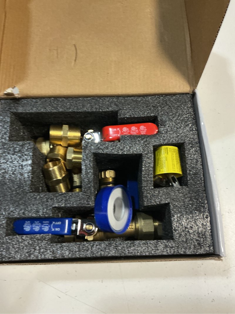 Condition photo showing As Is for 8pcs 3/4 inch ips isolator tankless water heater valve kit with 2pcs 3/4" npt to 1/2" fnpt and 2pcs brass pipe fitting, tankless water heater flushing kit with pressure relief valve, clean brass