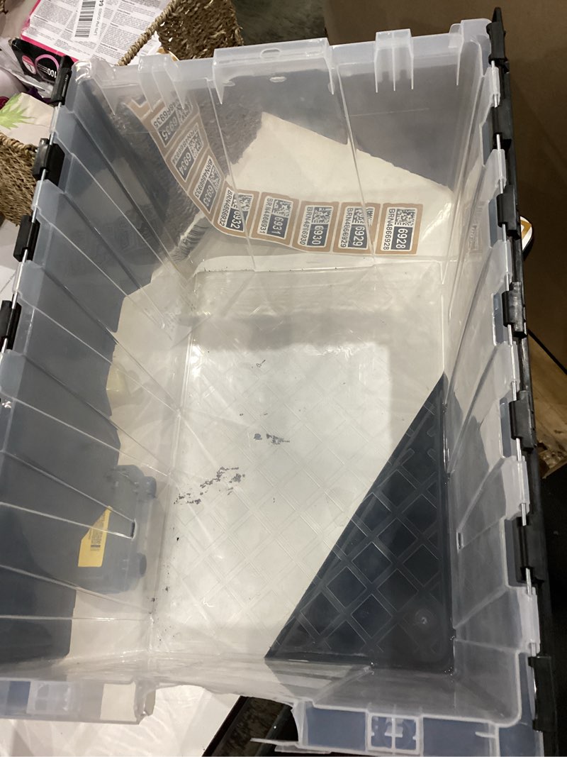 Condition photo showing As Is for project source medium 12-gallon (48-quart) clear base, black lid tote with hinged lid