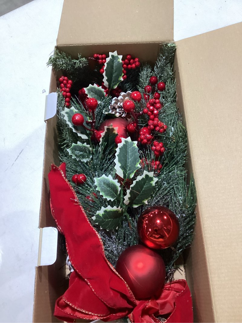 Condition photo showing As Is for 24" Pre-lit Decorative Teardrop Swag, Battery Operated Christmas Swag with Fairy Lights, Red Bowknot & Baubles, Pine Cones, Red Berries, Green Leaves Holly, Spruce Branches, Pine Needles