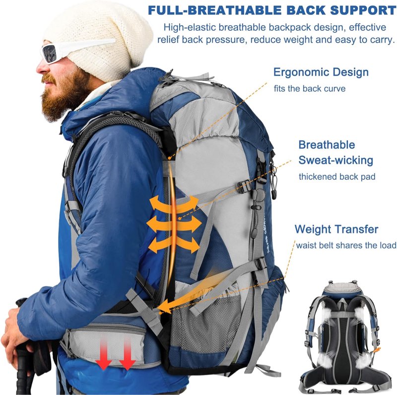 50L Hiking Backpack, Waterproof Camping Essentials Bag with Rain Cover, 45+5 Lit