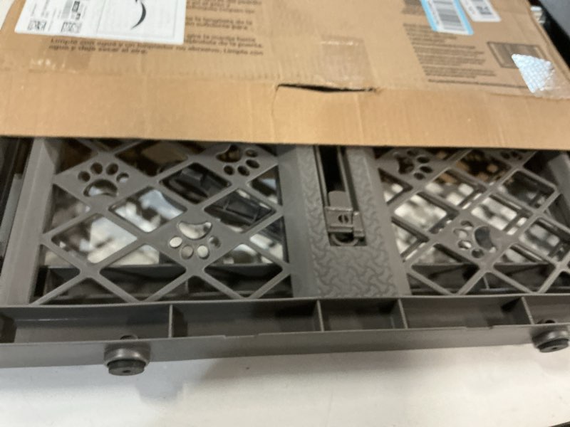 Condition photo showing As Is for mypet north states paws portable pet gate: 26-40" wide. pressure mount. no tools needed. made in usa, 23" tall, expandable, durable dog gates for doorways, fieldstone gray