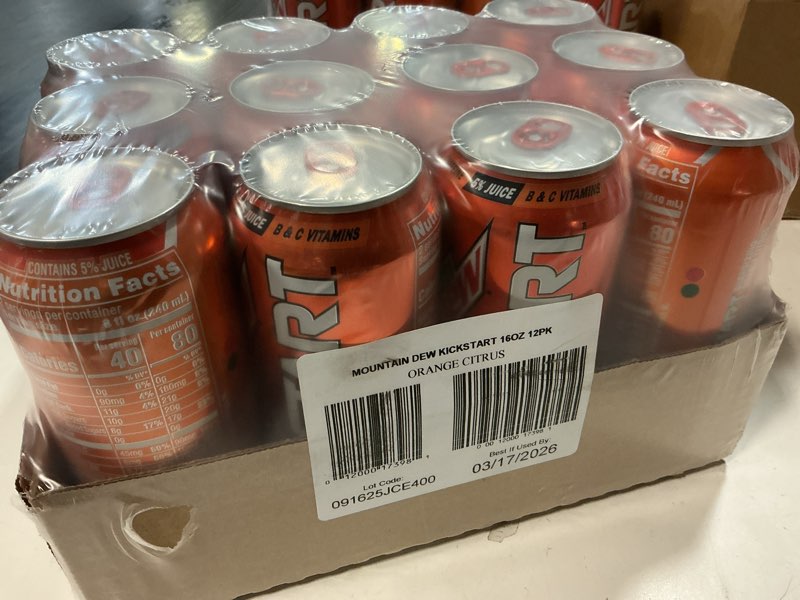 Condition photo showing New/Like New for (Best By 03/17/2026) Mountain Dew Kickstart, Orange Citrus, 92mg Caffeine, Vitamins B & C, 80 Calories, 5% Juice, 16 Fl Oz (Pack of 12) Orange Citrus 16 Fl Oz (Pack of 12)