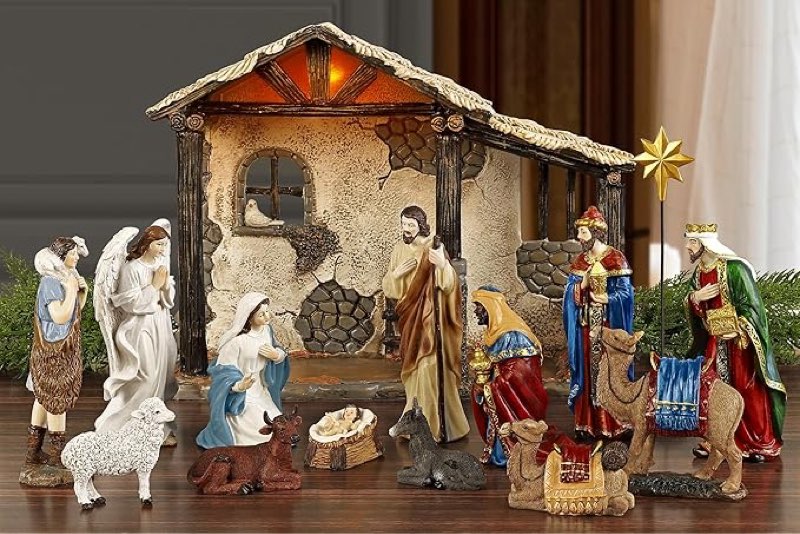 Fovths 16 Pieces Lighted Nativity Sets for Christmas Indoor Deluxe Edition Lighted Stable Resin Nati