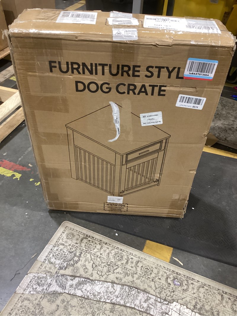 Condition photo showing As Is for DAWNYIELD Furniture Style Dog Crate End Table with Storage Drawer, Flip Up Front Door & Wood Grain T