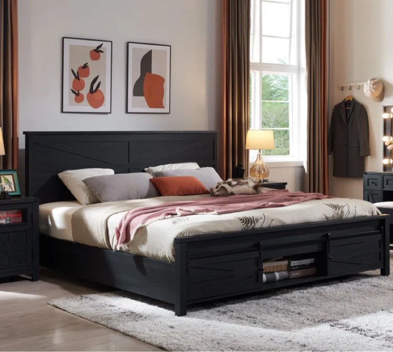 Argana Farmhouse Wood Bed Frame with Headboard and Sliding Barn Door Storage Cabinets INCOMPLETE  DAMAGED 