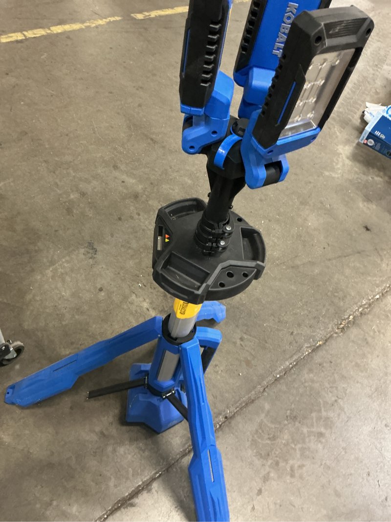 Condition photo showing As Is for kobalt 24-volt 3000 -lumens led battery-operated stand work light