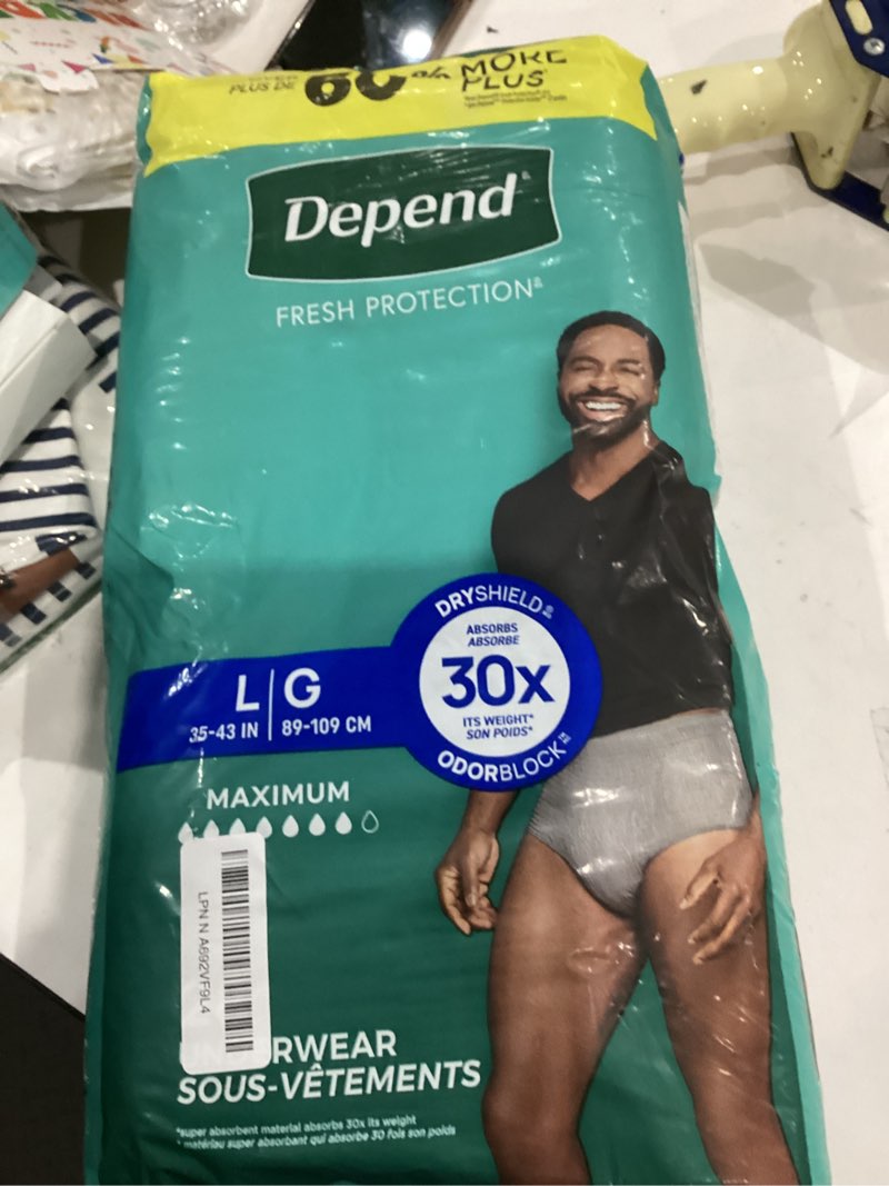 Condition photo showing New/Like New for depend fresh protection adult diapers, incontinence underwear for men, disposable, maximum, large, grey, 28 count, packaging may vary large 28
