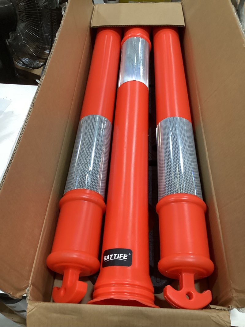 Condition photo showing Good Condition for battife 3 pack 42 inch orange traffic delineator posts with reflective collars and base, safety cones for construction zones and driving practice 42 inch orange 3