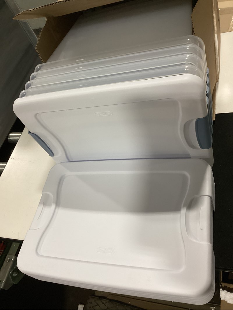 Condition photo showing Good Condition for sterilite 6-pack latching box, under bed storage bins with lids, clear plastic, 25 quart - heavy-duty organizing containers for closet, bathroom, and office 25 quart 6 pack boxes