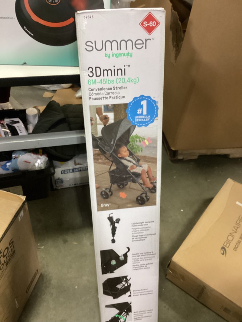 Condition photo showing New/Like New for Summer by Ingenuity 3D Mini Convenience Stroller – Lightweight Stroller with Compact Fold, Multi-Position Recline, Canopy with Pop Out Sun Visor and More – Umbrella Stroller for Travel and More, Gray