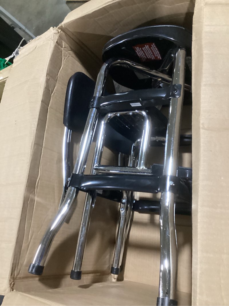 Condition photo showing As Is for similar to maklaine retro counter stool with pull out step stool, red vinyl upholstery, chrome finish, 2 steps, 225 lb weight capacity, cushioned seat, counter height for kitchen or home use