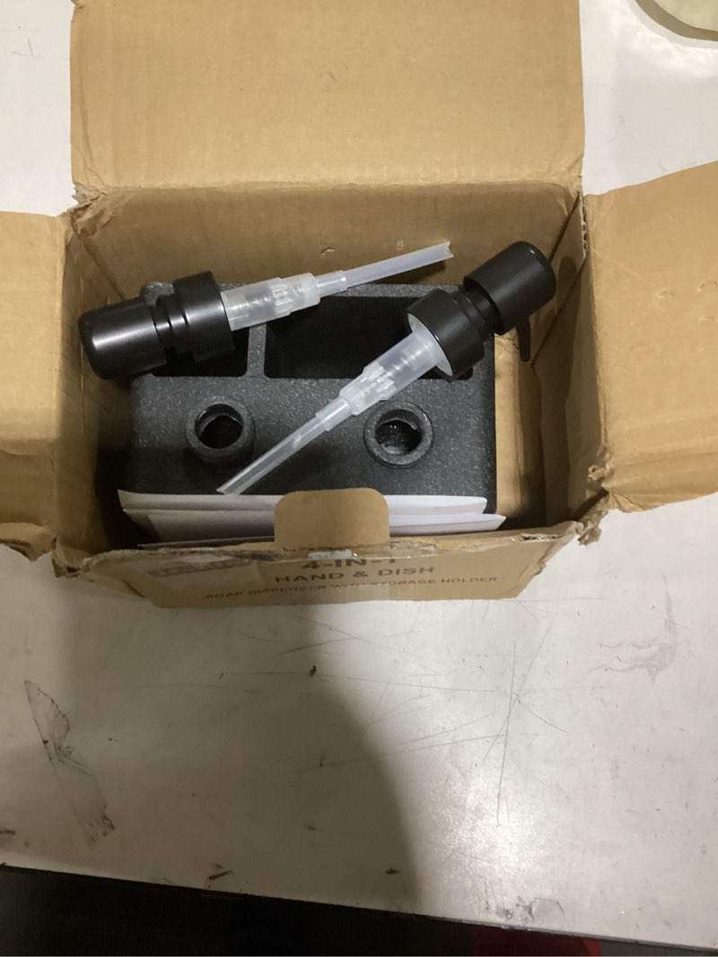 Condition photo showing Good Condition for Kitchen Soap Dispenser Set,Hand and Dish Soap Dispenser,Sponge Caddy and Brush Holder 4-in-1 Kitchen Dual Soap Dispenser Set for Kitchen Sink,Bathroom -Black