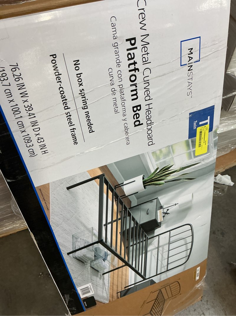 Condition photo showing As Is for mainstays crew twin metal platform bed with curved headboard, black steel