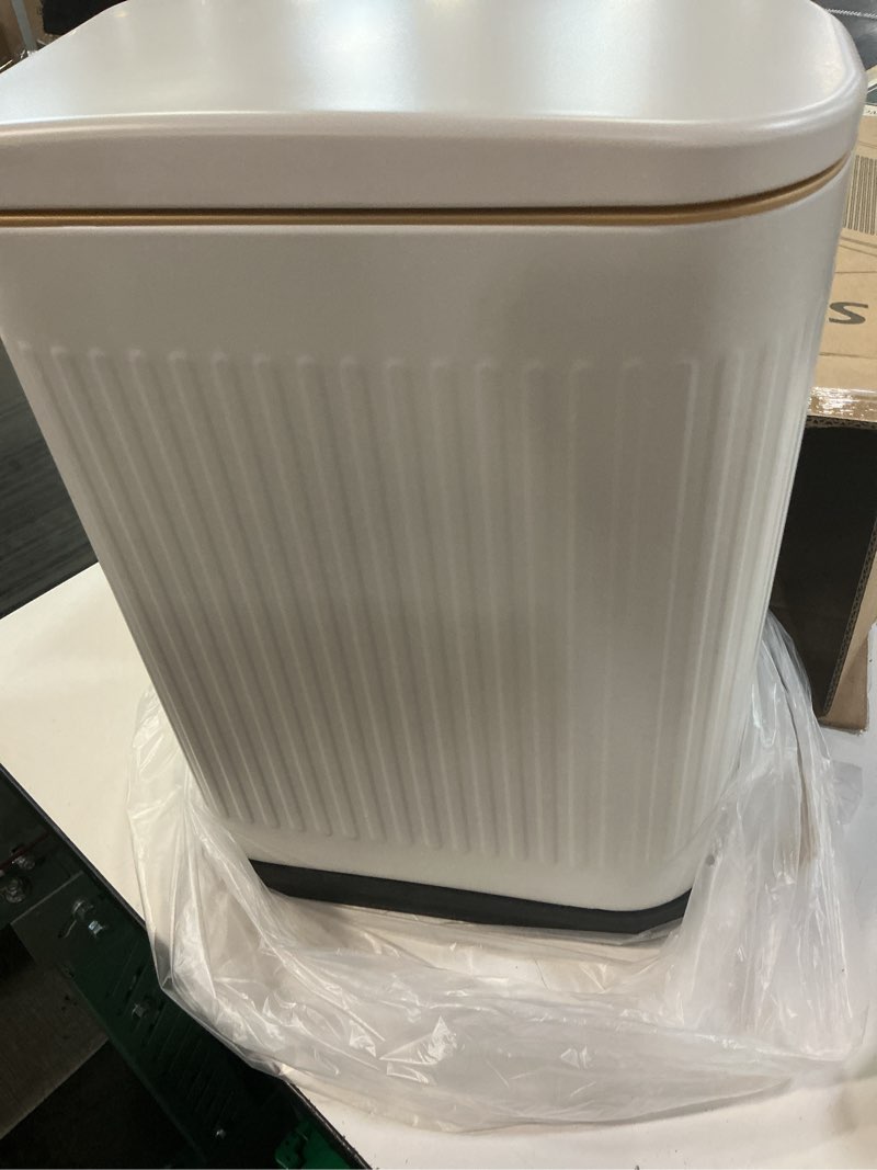 Condition photo showing New/Like New for slim bathroom trash can with soft close lid stainless steel garbage can step trash bin with removable inner bucket for bedroom, office, kitchen (matt white, 3.5 gallons) matt white 3.5 gallons