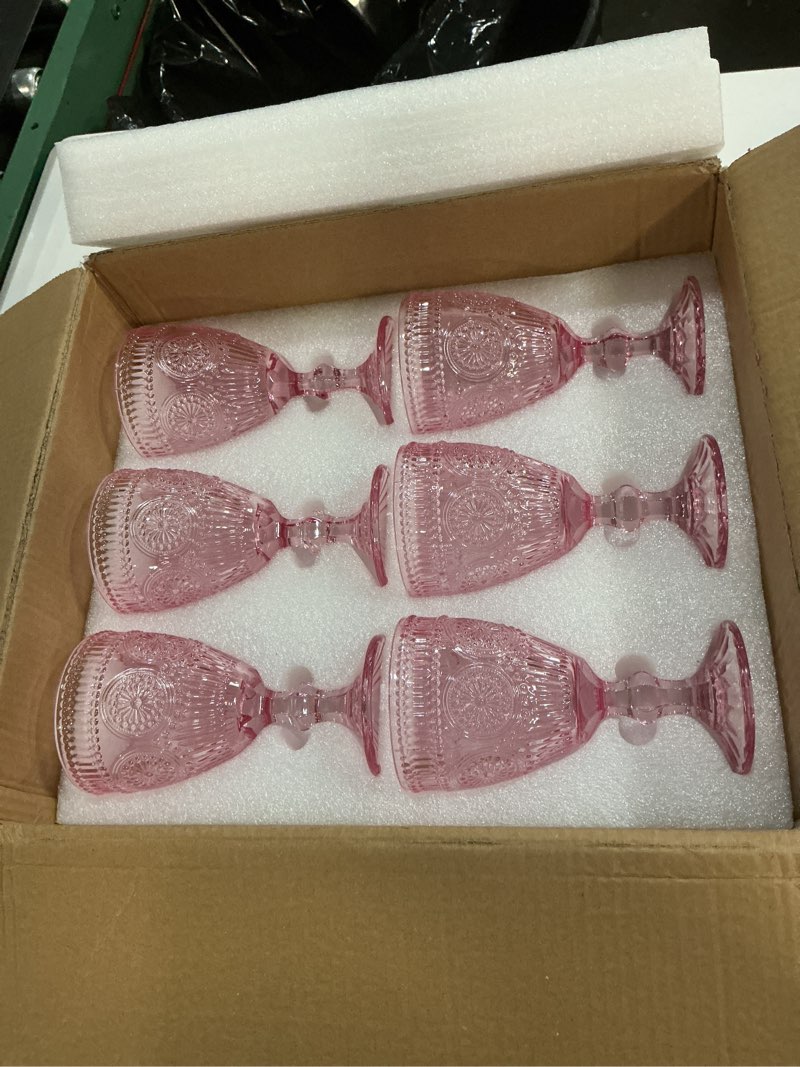 Condition photo showing New/Like New for pink glass goblets wine glassware, 10 oz vintage wine glasses set of 12, romantic wedding glass set, embossed drinking stemware beverage cups for wedding engagement christmas party bar pink-12pcs