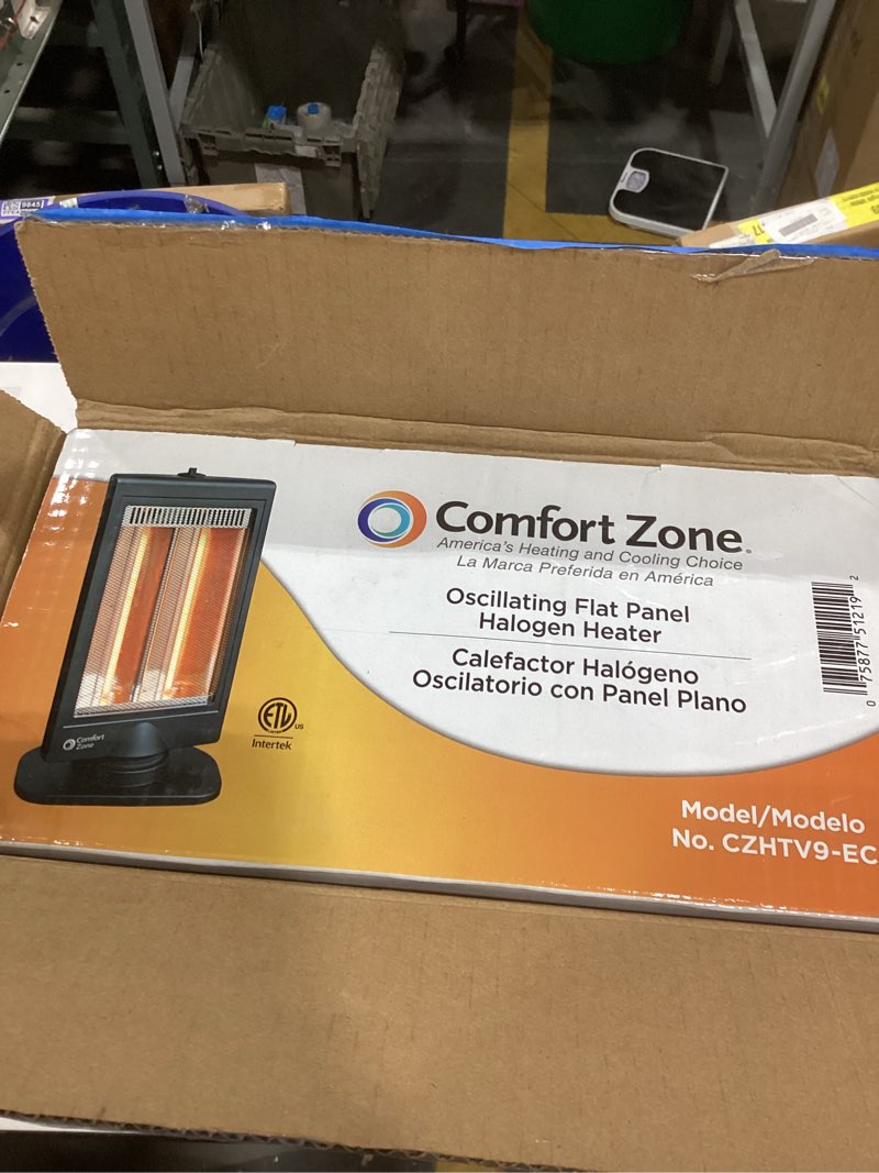 Condition photo showing As Is for comfort zone oscillating portable space heater, flat panel, halogen, infrared, electric, adjustable tilt, overheat sensor, stay-cool, & tip-over switch, ideal for home, bedroom, & office, 800w, czhtv9