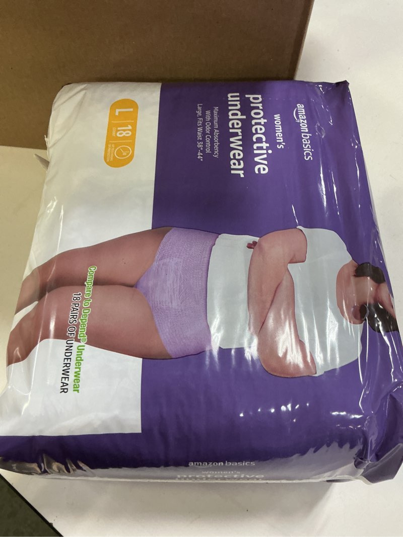 Condition photo showing Good Condition for Amazon Basics Incontinence Underwear for Women, Protective, Disposable, Postpartum, Maximum Absorbency, Large, Lavender, 18 Count Large 18
