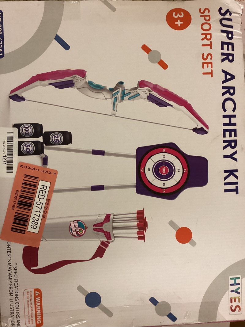 Condition photo showing New/Like New for bow and arrow for kids, led light up archery set with 12 suction cup arrows, 1 hanging target, 3 score targets & 1 quiver, indoor outdoor sport for boys girls ages 4-12, purple hanging-purple