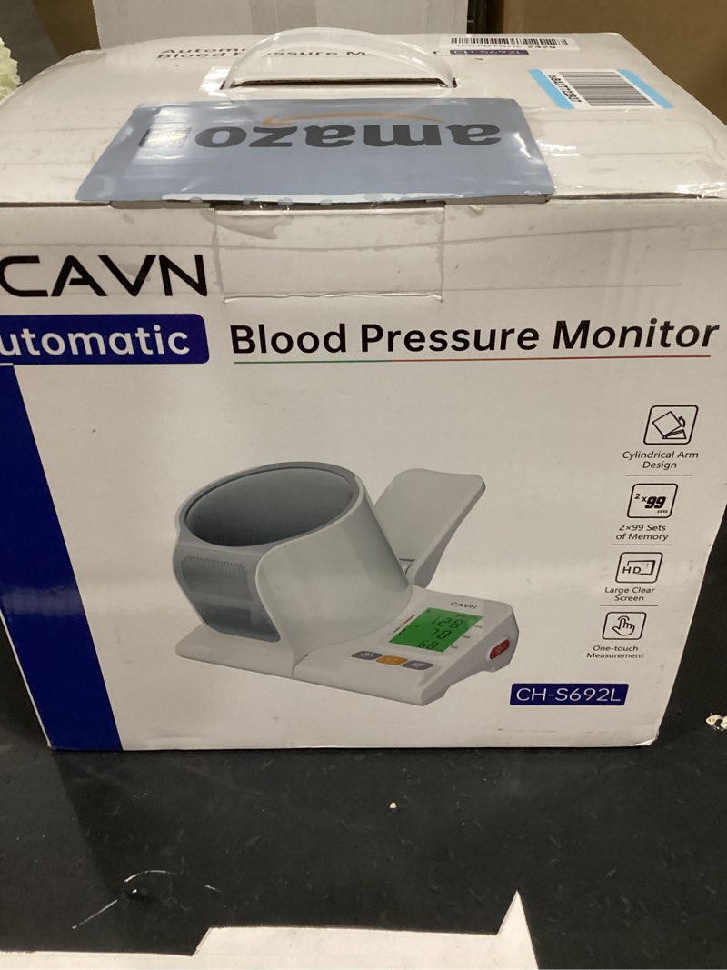 Condition photo showing New/Like New for cavn blood pressure monitor, one-touch barrel-type upper arm blood pressure monitors for home use, no-wrap auto-fit design, fits arms 7.1"-16.5", 3-color backlight, 2 users 2×99 memory white