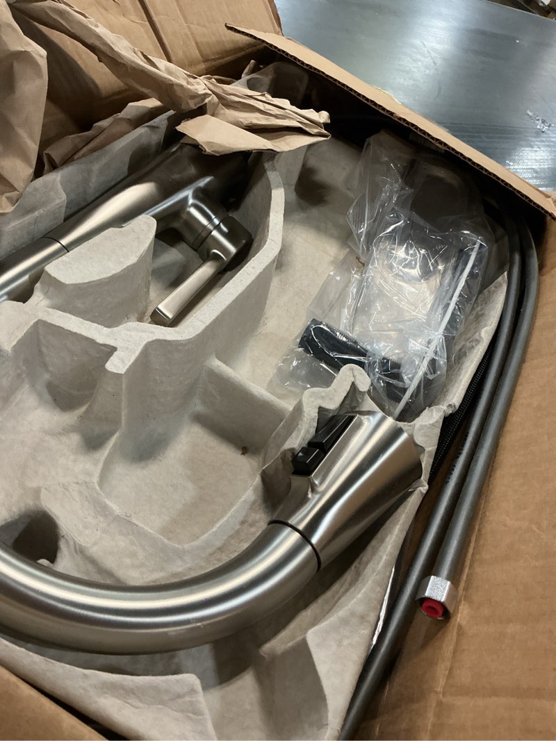 Condition photo showing Good Condition for delta lenta brushed nickel kitchen faucet with pull down sprayer, modern single hole kitchen sink faucet, single handle, spotshield stainless 19802z-sp-dst spotshield stainless standard activation