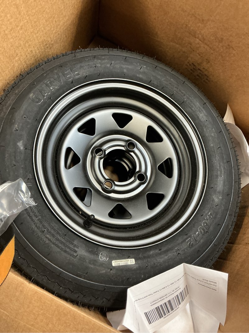 Condition photo showing As Is for garvee 2-pack 4.80-12 4.80x12 480-12 trailer tires witn 12" rims, 5 lug on 4.5" bolt pattern, 6pr load range c, heavy duty 4.80x12 4.8-12 tires for utility, boat, camper, cargo trailers 4.80-12 5 lug