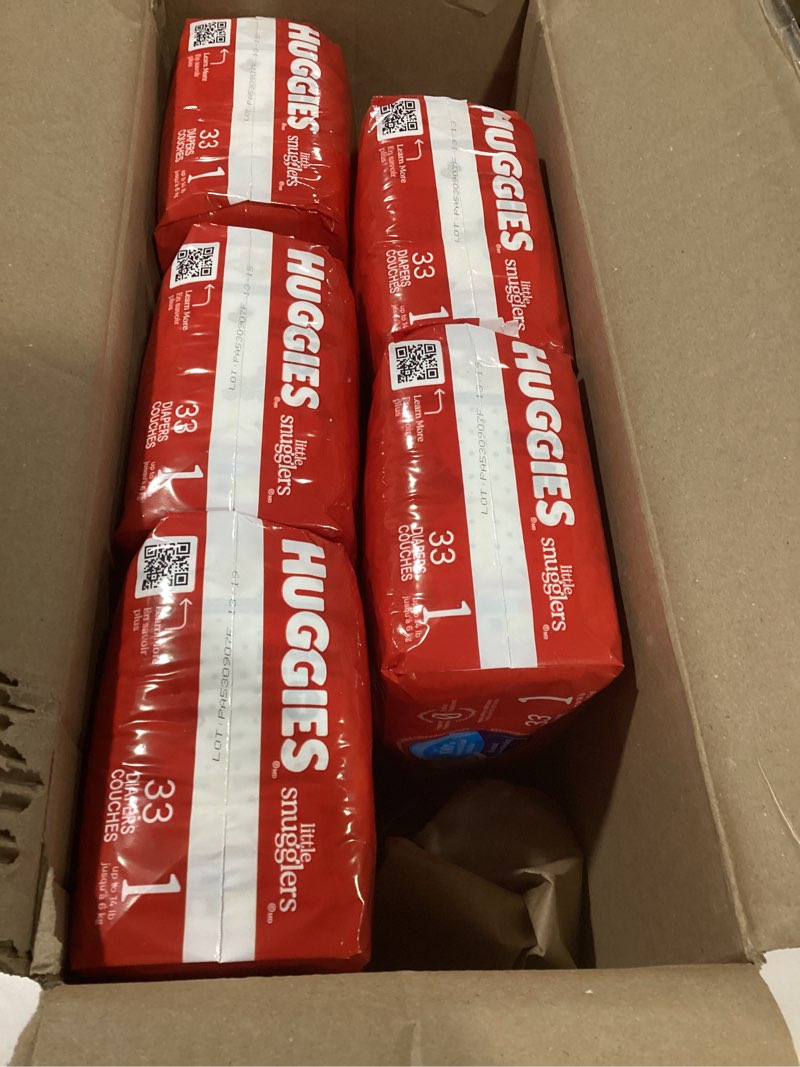 Condition photo showing Good Condition for (Missing 1 pack of 6) Huggies Size 1 Diapers, Little Snugglers Diapers, Size 1 (8-14 lbs), 198 Count (6 Packs of 33), Packaging May Vary