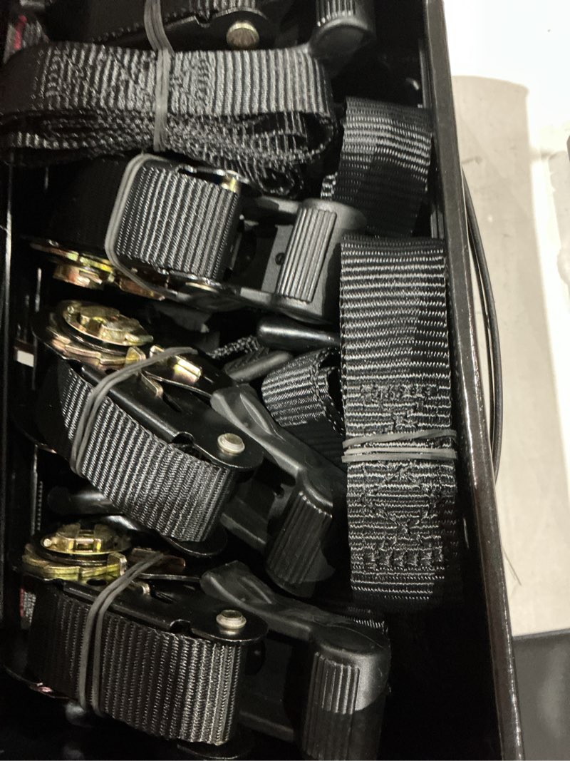 Condition photo showing Good Condition for ratchet tie down straps, 2340lb break strength, 4pc 1inch x 16ft tie down strap set with padded handles & coated s hook w/safety clip, cargo strap tie down for motorcycle, truck (black)