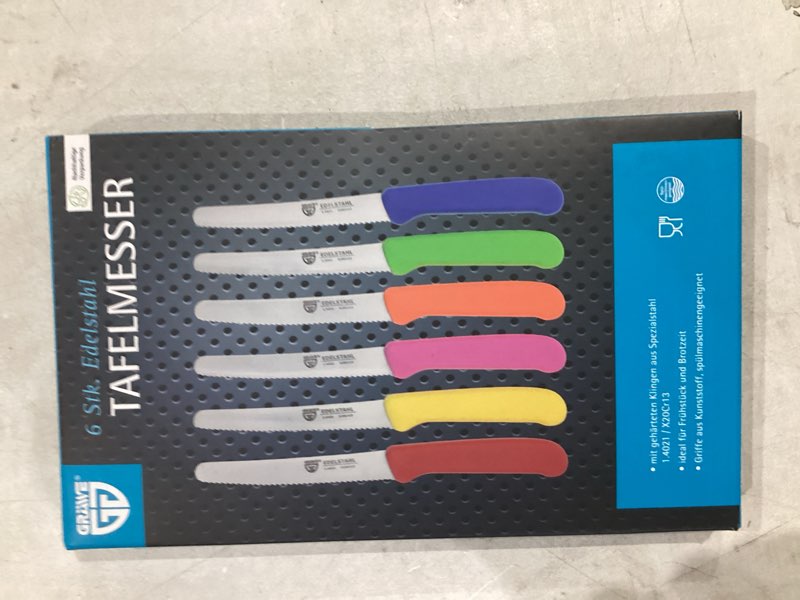 Condition photo showing Good Condition for GRÄWE table knife 6 pieces, knife set for cutting, pack of 6 bread knives, breakfast knife with serrated edge on one side, knife 8.3 inch - Colorful