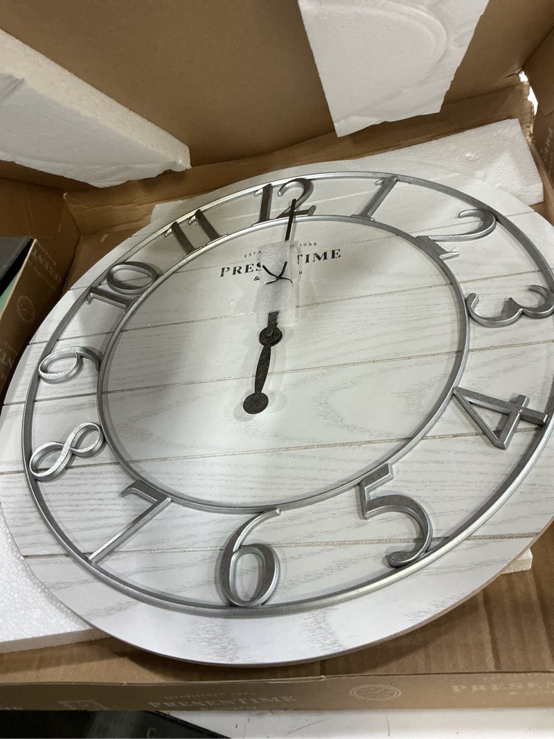 Condition photo showing Good Condition for presentime & co classic farmhouse shiplap clock, 19.5 inch, galvanized finish arabic numerals with white shiplap style. large farmhouse decor for living room, entryway, home office. wall décor