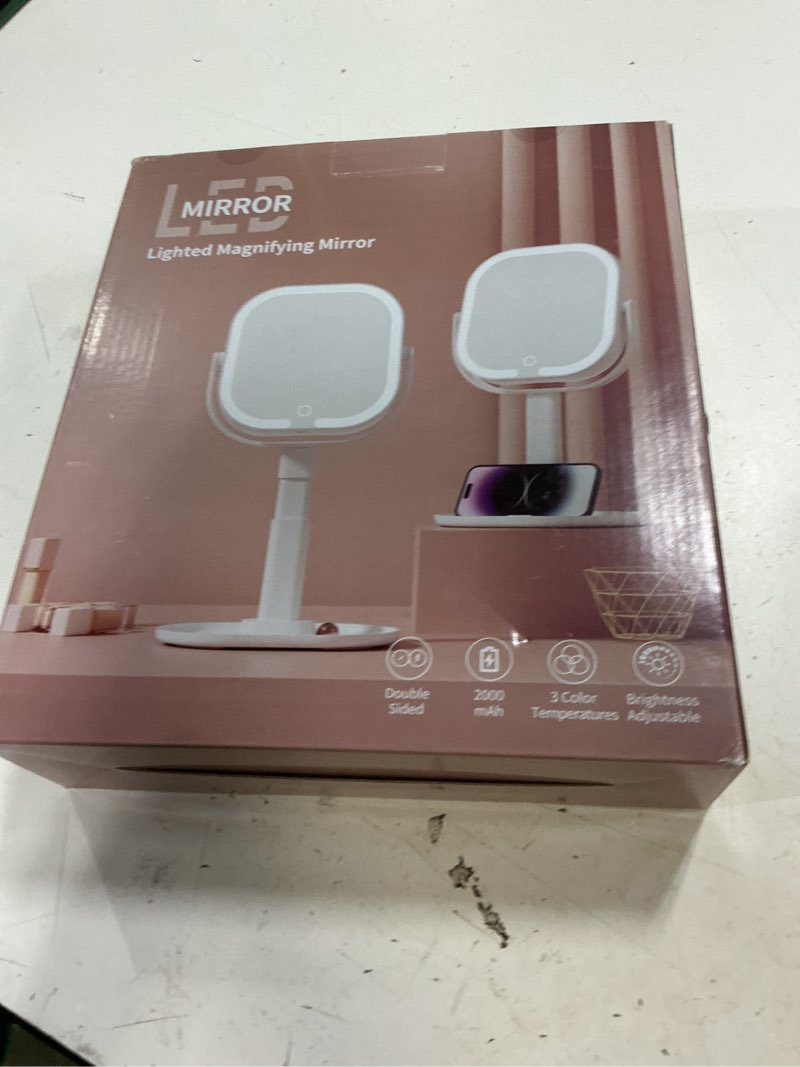 Condition photo showing New/Like New for makeup mirror with lights, 1x/10x magnifying mirror with light, rechargeable lighted makeup mirror with magnification, 3-color lighting, height adjustable 360° rotation desk mirror, gift for women white 14.4"l x 8.8"w