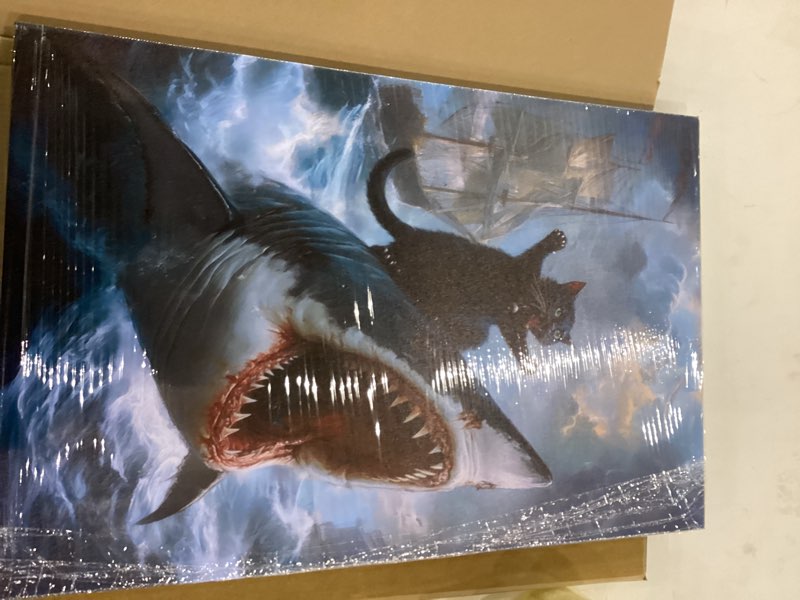 Funny Cat Riding Shark Canvas Wall Art Crazy Weird Black Cat Vs Shark Painting Picture Wall Decor Po