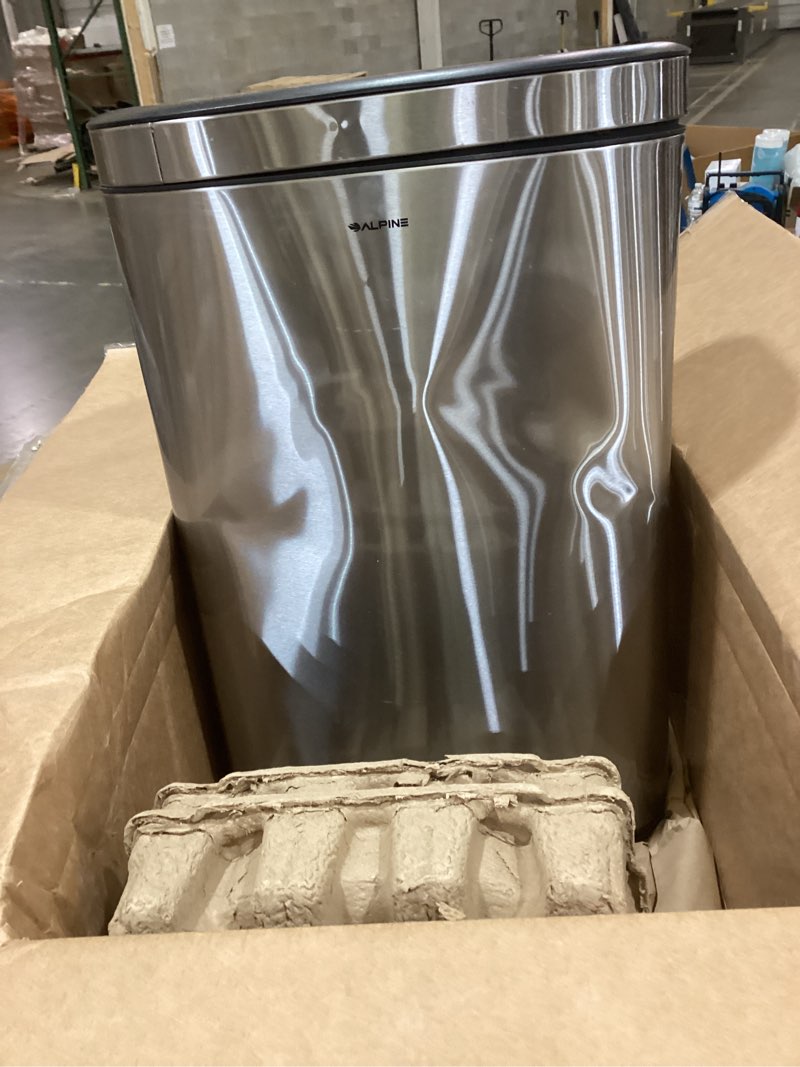 Condition photo showing As Is for Alpine 40 Liter / 10.5 Gal Slim Dual Trash Can and Recycling Bin - Modern Stainless Steel Double Garbage Can, Two Compartment Trash Can Open Top, Removable Lid & Liners for Kitchen, Office, Bathroom\n  Used and dented 